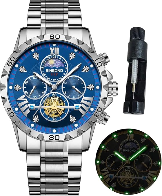 BINBOND Mens Watches Big Face Dial Stainless Steel Chronograph Fashion Business Dress Diamond Multifunction Wrist Watch for Men Waterproof Luminous