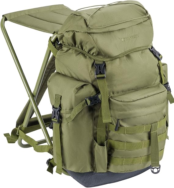 THKFISH 35L Fishing Backpack with Chair 3-in-1 Large Water-Repellent Backpack with Rod Holders Storage Bag Portable Stool Fishing Backpack for Outdoor Fishing Camping and Hunting Green