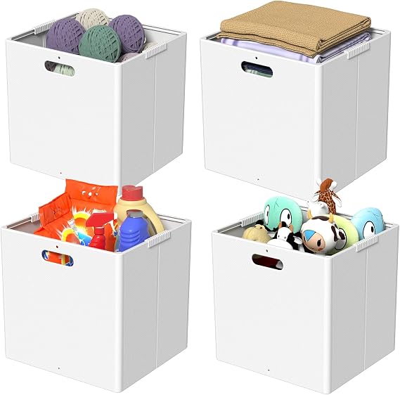 Plastic Cube Storage Boxes Foldable Organizer Cube Bin White 4 Packs | Collapsible Square Cubes Basket with Handles, 4 Packs, 27.3cm x 27.3cm x 28.2cm
