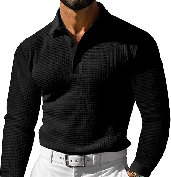 Mens Waffle Textured Collared Sweaters Lightweight Button Mock Neck Pullover Warm Knit Polo Shirts