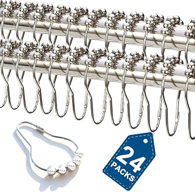 24PCS Stainless Steel Shower Curtain Hooks Rust Proof, Shower Curtain Rings Polished Nickel, Heavy Curtain Rod Rings for Bathroom, Durable Bathroom Decor Hooks Chrome Silver