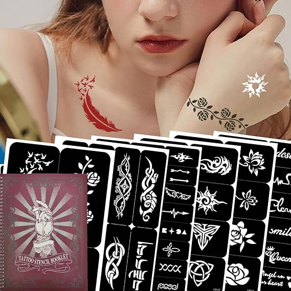 20 Sheets Glitter Tattoo Stencils, Airbrush Temporary Tattoo Templates | 482 Pcs Henna Body Art Stencil, Red Tattoos Book for Women Boys and Girls