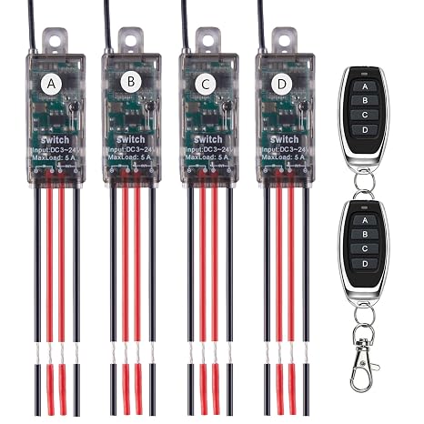 Micro Remote Control Switch,4 Way 1 CH,DC 5V/12V/24V/5A Relay