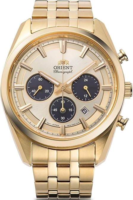 Orient Stretto Solar Chronograph Champagne Dial Gold Colour Strap Mens Watch RA-TX0301G10B