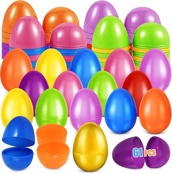 AuroTops 61 Pcs Plastic Easter Eggs Bulk,2.3" 60 Colorful Empty Easter Eggs Fillable Plus 1 Golden Egg,Easter Basket Stuffers,Easter Decoration,Easter Egg Hunt,Easter Party Favor,Classroom Prizes