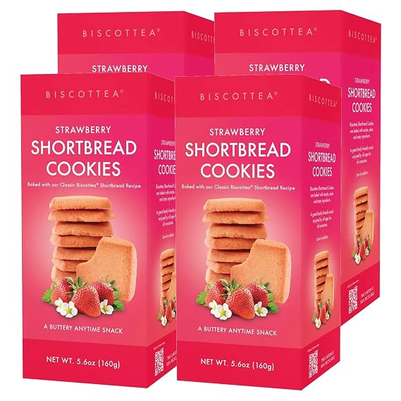 BISCOTTEA All-Natural Traditional Strawberry Shortbread Cookies Gourmet Buttery Biscuits Infused with Real Flavors (Pack of 4)