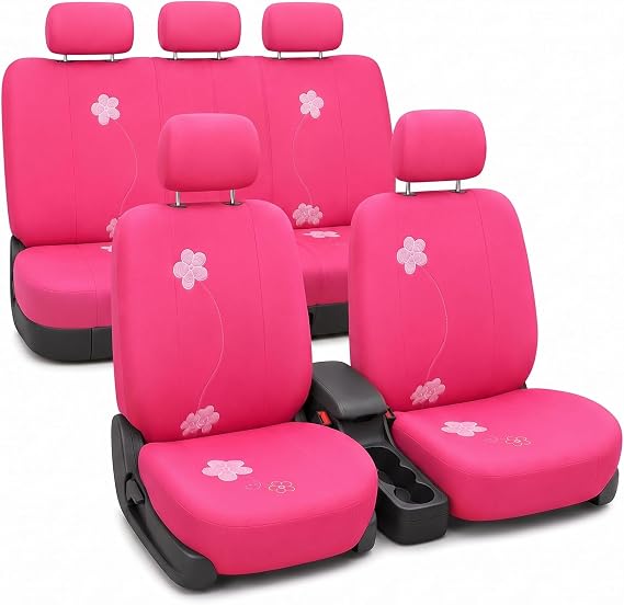 FH Group Full Set Cloth Car Seat Covers - Low Back Front Seat Covers, Universal Fit, Airbag Compatible, Split Bench Rear Seat, Washable Seat Cover for SUV, Sedan, Van, Pink