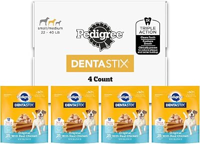 Pedigree Dentastix Small & Medium Breed Dog Treats, Original with Real Chicken, Dog Dental Treats, 4 25ct Bags 100 Treats Total