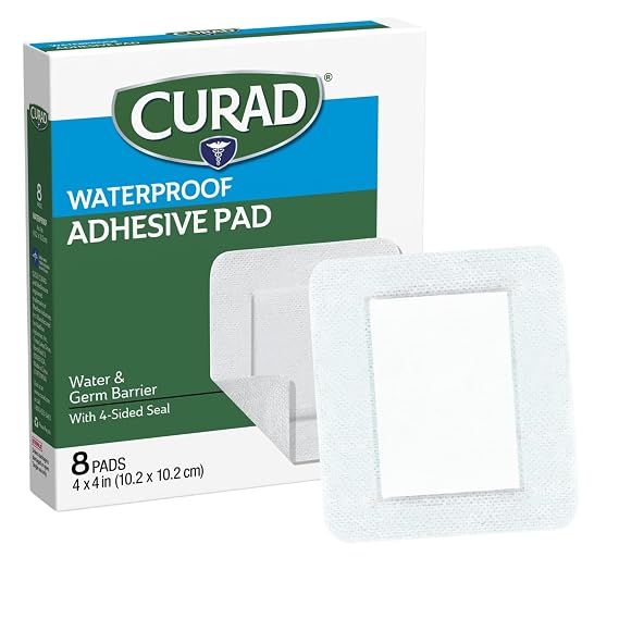 CURAD White Waterproof Adhesive Pads, 4" x 4", Advanced Wound Care, 1 Box, 8 Count