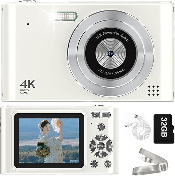 Digital Camera, Digital Camera, 48 Million Pixels, 1080P Video Recording, 16x Zoom, Image Stabilization, Self-Timer, For School Trips, Beginners, 32G Card Included White