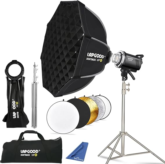 Godox MS300V Studio Strobe Light Kit with Softbox 31.5inch for Photography | Bowens Mount Octagonal Softbox 31.5inch with Grid, Stainless Steel 6.5ft Light Stand, 5-in-1 Reflector, MS300V 300Ws Flash