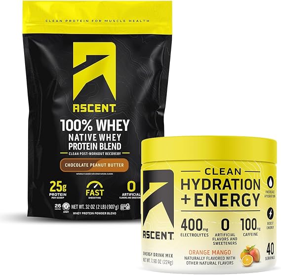 Ascent 100% Whey Protein Powder, Chocolate Peanut Butter 2 lb & Hydration + Energy Electrolytes, Orange Mango 40 Servings