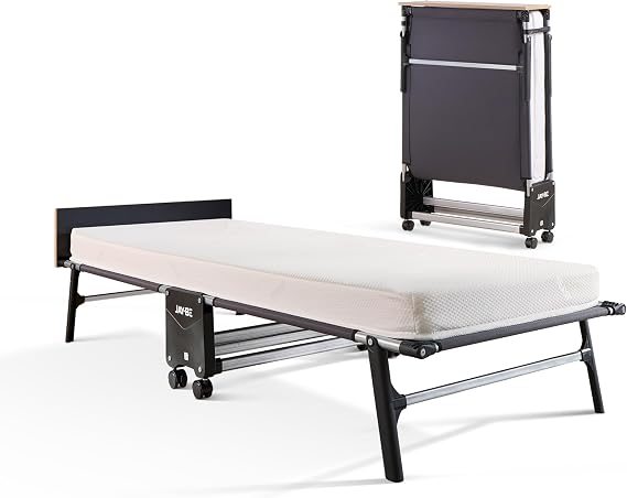 JAY-BE RM80 Single Rolled Extra Bed with Memory Mattress Memory Fibre Mattress Rollable Guest Bed Portable 360° Wheels Anti Tilt Legs Wooden Headboard