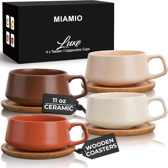 MIAMIO - Cappuccino Cup Set of 4, Ceramic (9.5oz) - Luxe (Beige Pastel) | Ceramic cappuccino cups and saucers, wide latte cups and mugs for Americano, 4-piece set of ceramic cups - dishwasher safe