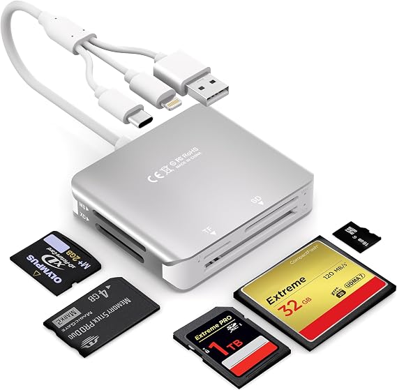 iPhone SD Card Reader, 5 in 1 SD/MS/TF/CF/XD Card Reader with Lightning+USB A+USB C, Memory Stick Pro Card Reader, Support OTG, Fast Data Transfer, Digital Camera Adapter for i-Phone/Android/PC