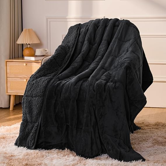 Sivio Weighted Blanket for Adult, Twin Size 15 lbs 48 x 72 Inches | Soft Warm Sherpa Fleece; Cozy Flannel Filled with Glass Beads; Machine Washable; Heavy Throw for Bed Sleep and Calm; Black