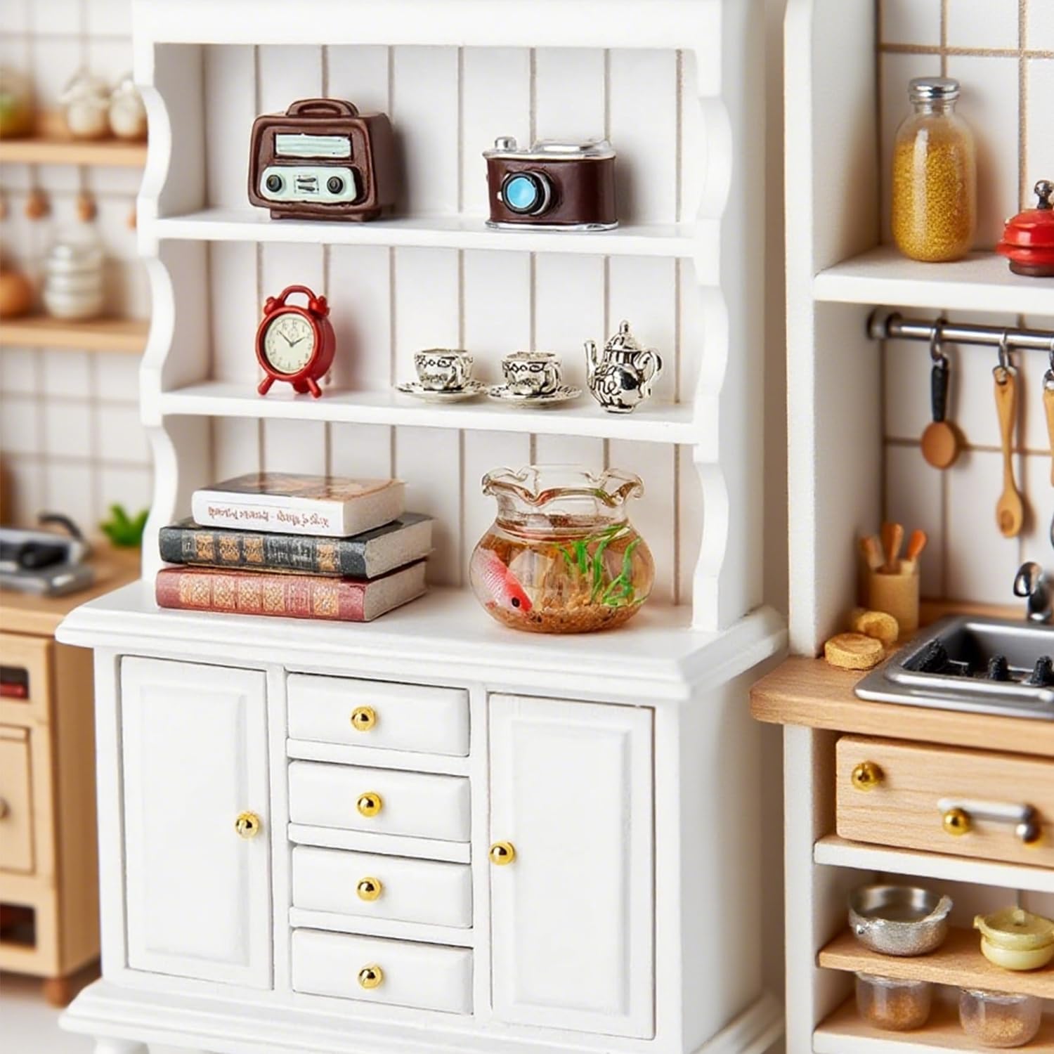 1/12 Dollhouse Cabinet Set, 11Pcs Dollhouse Miniature Wooden Bookshelf with Accessories (Alarm Clock, Fish Tank, Books, Coffee Cups) for Living Room,Dining Room,Study and Other Scenes
