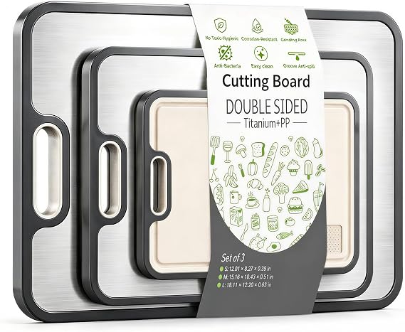 Titanium Cutting Board Set of 3,Cutting Board for Kitchen,Dual Sided Titanium & PP Food-Grade,Chopping Boards with Juice Groove for Hygienic Fresh Meat Vegetable Prep,Extra Large (M/L/XL)