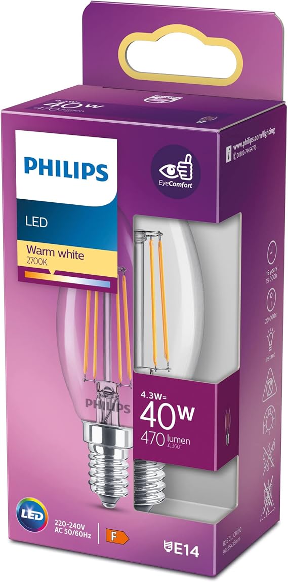 Philips LED Classic 40W B35 Led Candle Filament Bulb, 2700K Yellow Light, E14 Thin Hear, Not Dimmable