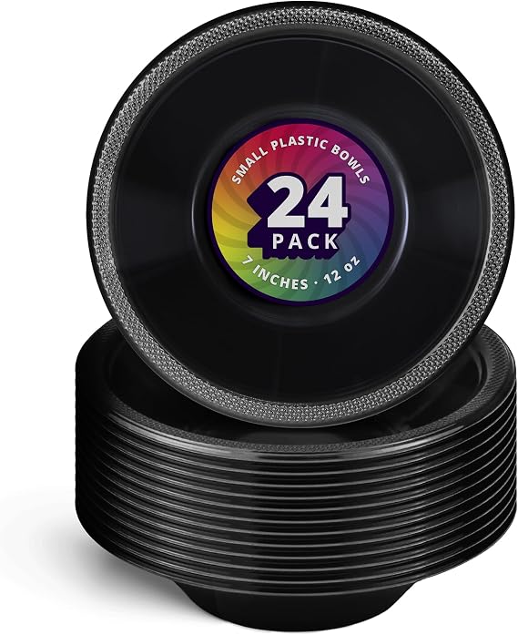 DecorRack 24 Black Plastic Bowls, 7 in Disposable 12 oz Bowl