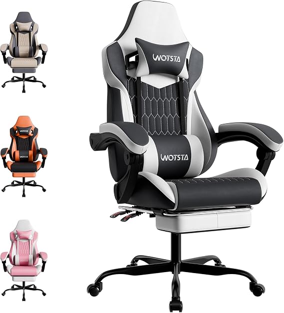 Gaming Chair, Ergonomic Gaming Chair with Footrest and Lumbar Support, Computer Chairs, Height Adjustable Computer Racing Gamer Chairs for Gaming or Office, Black White