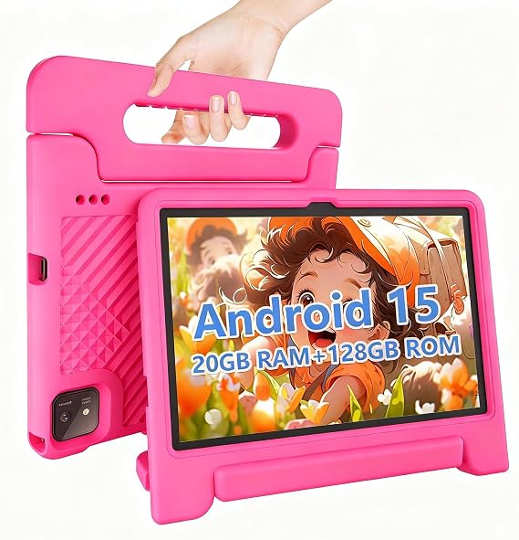 NRKDUBQ Kids Tablet 11 inch Android 15 20GB + 128GB Octa-Core 8000mAh Todder Tablet with Drop-Proof Case, Parental Control, WiFi 6 and Bluetooth, Pink