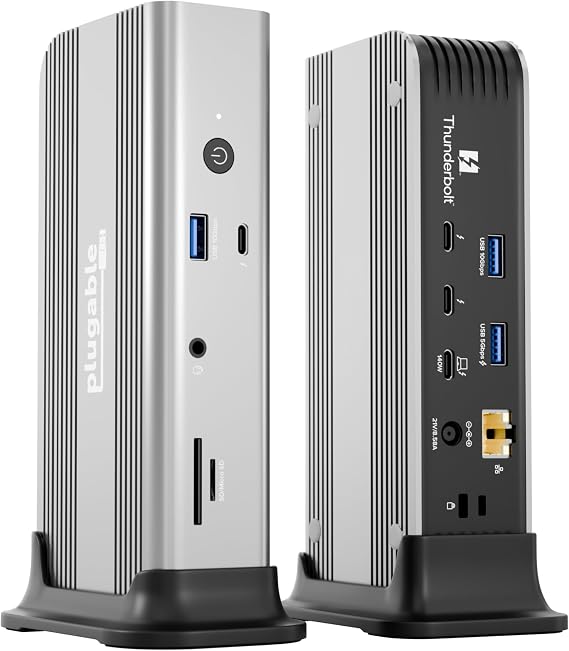 Plugable Thunderbolt 5 Docking Station for MacBook Pro and Windows, 140W Charging, Dual 6K@60Hz Mac, Dual 8K Windows, 80/120Gbps, 3X Thunderbolt 5 Ports, 2.5GbE, Driverless (TBT-UDT3)