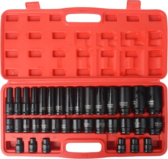 35pcs 1/2" Drive 6 Point 8-32mm Metric Deep Impact Socket Set Car Garage Tools