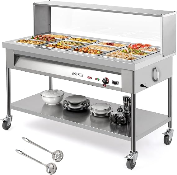 ROVSUN 96QT Steam Table, 12-Pan Electric Commercial Food Warmer Stainless Steel Bain Marie w/Acrylic Shield Overshelf Undershelf Temperature Control & Lid for Party Restaurant 8QT/Pan 1500W 110V