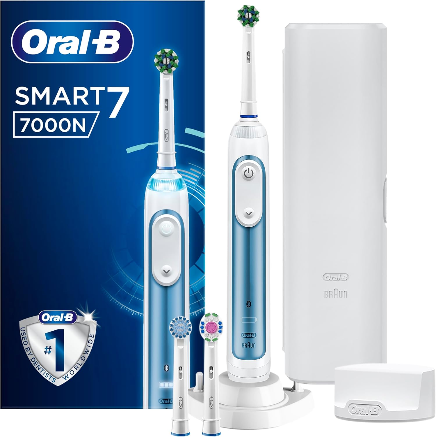 Oral-B Smart 7 Electric Toothbrush For Adults, App Connected Handle, 3 Toothbrush Heads & Travel Case, 5 Mode Display, Teeth Whitening, 2 Pin UK Plug, 7000N, Blue