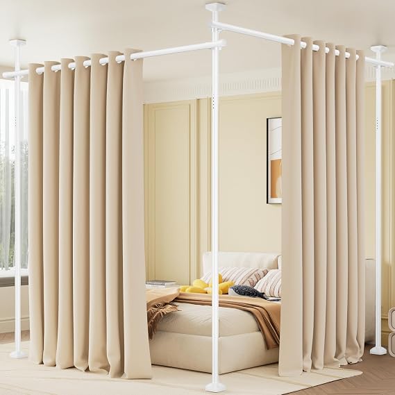 Room Divider Curtain Rod, No Drilling Tension Rod for Room Separation White | 4-10ft(H) 28-114inch(W) Adjustable Heavy Duty Wall Divider, Floor to Ceiling Tension Curtain Rod Privacy Space Separator