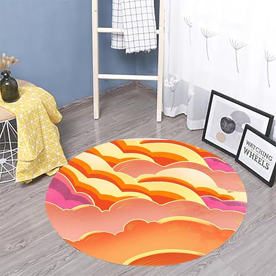 Cloud Bohemian Round Rug, 5ft, Artistic Sunset Aesthetic Area Rug, Low Pile Non-Shedding Soft Indoor Area Rug, Non-Slip Washable Circle Rug for Bedroom, Living Room, Lounge