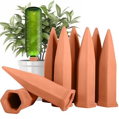Frasheng Clay Cones Watering Set of 8, Watering Cones for Glass and PET Bottles, Watering Cone, Indoor Plants Watering Cone, Plant Watering Devices for Holiday, 18 x 5 cm, Terracotta