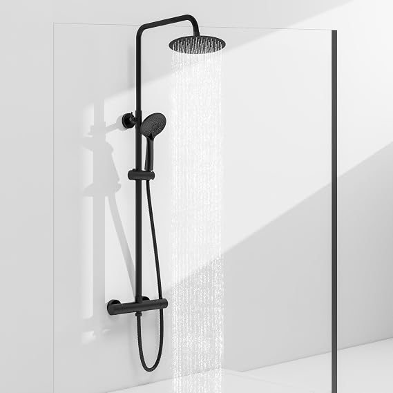Sky Bathroom Thermostatic Shower Mixer Set | 8" Rainfall Shower & 3-Mode Handheld Head | Wall Mounted Bar Mixer Shower System | Stainless Steel Adjustable Sliding Riser Rail Matte Black