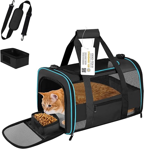 Cat Carrier Dog Carrier Pet Carrier Airline Approved for Small Medium Cats Dogs Puppies of 15 Lbs, Small Dog Carrier Soft Sided, Collapsible Puppy Carrier - Black