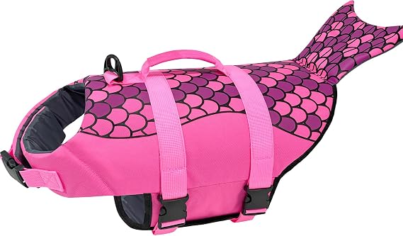 Mermaid Dog Life Jacket, Pink Ripstop Dog Life Vest for Swimming & Boating, High Buoyancy Adjustable Pet Vest with Durable Rescue Handle & D-Ring, for Small/Medium/Large Dogs (Mermaid, M)