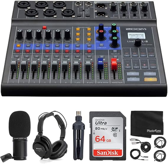 Zoom LiveTrak L-8 Portable 8-Channel Digital Mixer and Multitrack Recorder + Zoom ZDM-1 Mic with Headphones, Windscreen and Stand + 64GB Memory Card + Cables Deluxe Podcasting Bundle