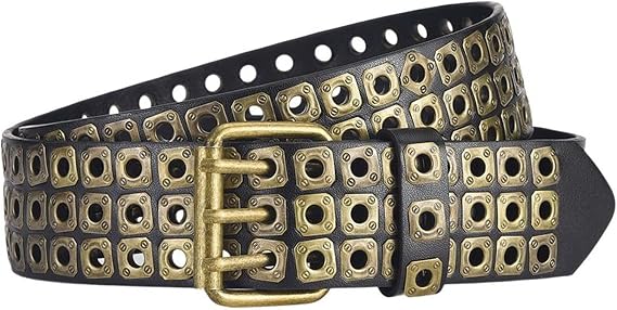 Women's Studded Belt Punk Y2k Three Row Grommet Belts Faux Leather Metal Adjustable Fashion Stud