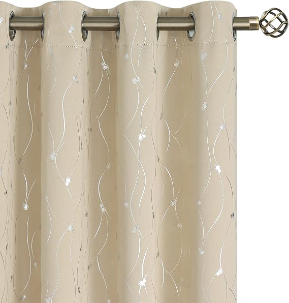 BGment Room Darkening Curtains 72 Inches Long, Grommet Thermal Insulated Blackout Curtains with Wave Line and Dots Printed for Bedroom, 2 Panels, Each 52 x 72 Inch, Beige