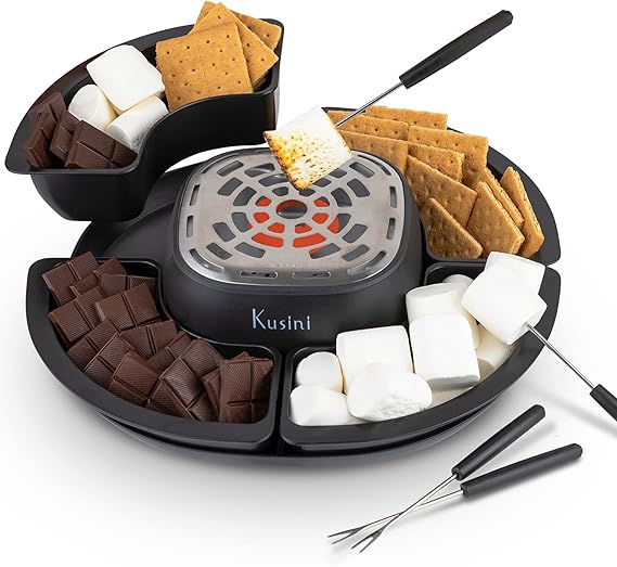 Kusini Smores Maker Tabletop Indoor - Flameless Electric Marshmallow Roaster 4 Detachable Trays & 4 Roasting Forks Gift Set & Date Night Idea. Movie Night Supplies & Housewarming Gift
