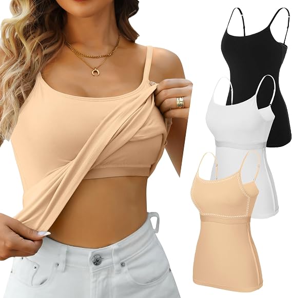 V FOR CITY Unpadded Tank Top for Women with Shelf Bra Cotton Camis 3 Pack
