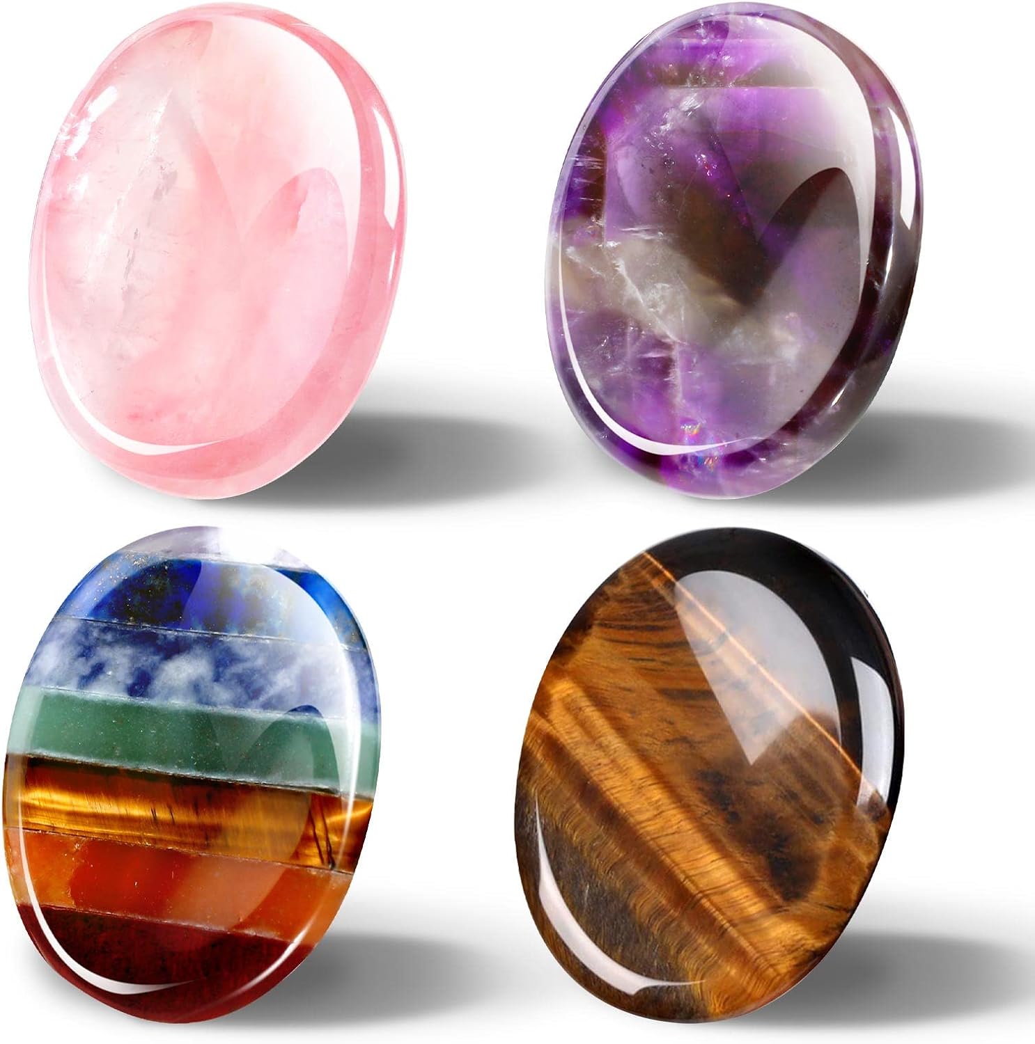Roowest 4 Pcs Thumb Worry Stone for Anxiety Natural Crystal Healing Stone Chakras Amethyst Tiger Eye Quartz Pocket Hug Gift for Office Stress Meditation(Assorted,Cat Paw)