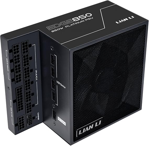 Lian Li Edge EG850 PC Power Supply 850 Watt PCIe 5.1 ATX 3.0 PSU ATX 3.1 80 Plus Platinum Modular with Sleeved Cable Kit 12VHPWR for NVIDIA RTX Quiet Fan Integrated USB Hub - Black