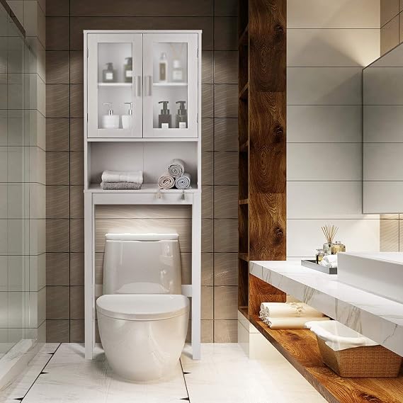 BestComfort Over the Toilet Storage Cabinet, Bathroom Organizer with Frosted Glass Doors, Adjustable Shelf, Open Compartment, Freestanding Over Toilet Rack Unit for Washroom Laundry (67'' H)
