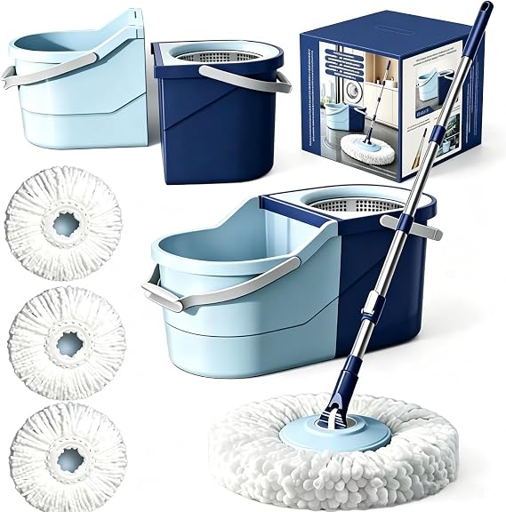 Spin Mop & Bucket System with 4 Washable Microfiber Mop Pads