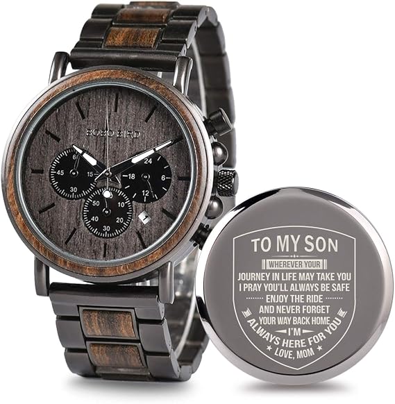 2win Engraved Wood Watch Boyfriend My Man Fiance Husband Personalized Wooden Watches for Men Birthday Anniversary Personalized Watch, B-for Son From Mom, Bracelet
