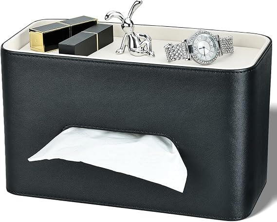 Rectangular Tissue Box Cover for Kleenex, PU Leather Tissue Box Holder, Rectangle Tissue Covers with Cute Silver Bunny, Decorative Tissue Holders for Bathroom, Car, Home, Office - Black