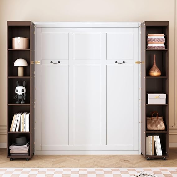 Queen Murphy Bed Wall Bed with Push-Pull Storage Cabinets on Both Sides, Traditional Solid Wood Foldable Bedframe with Hydraulic Lift System, Space-Saving (White+Espresso-11)
