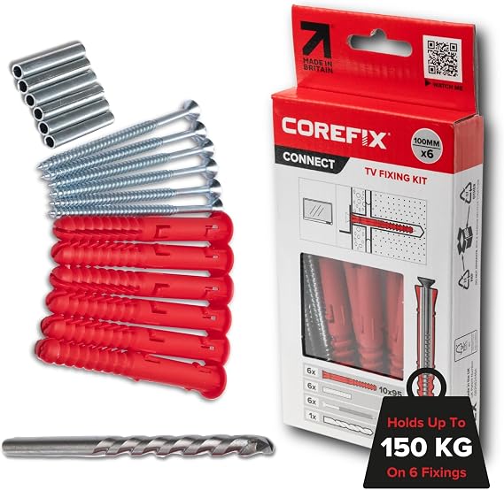Corefix 6 x 100mm TV Wall Fixings With Drill Bit Included - Plasterboard Over Blockwork Wall Plugs And Screws For Hanging Wall Mounted TVs - Reinforced Steel Core Holds 150kg on 6 Fixings