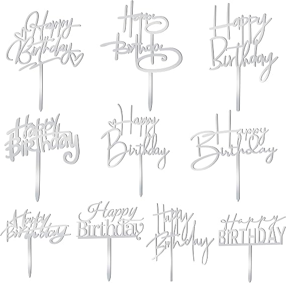 10 PCS Silver Happy Birthday Cake Topper Acrylic Cupcake Topper Birthday Supplies Decorations